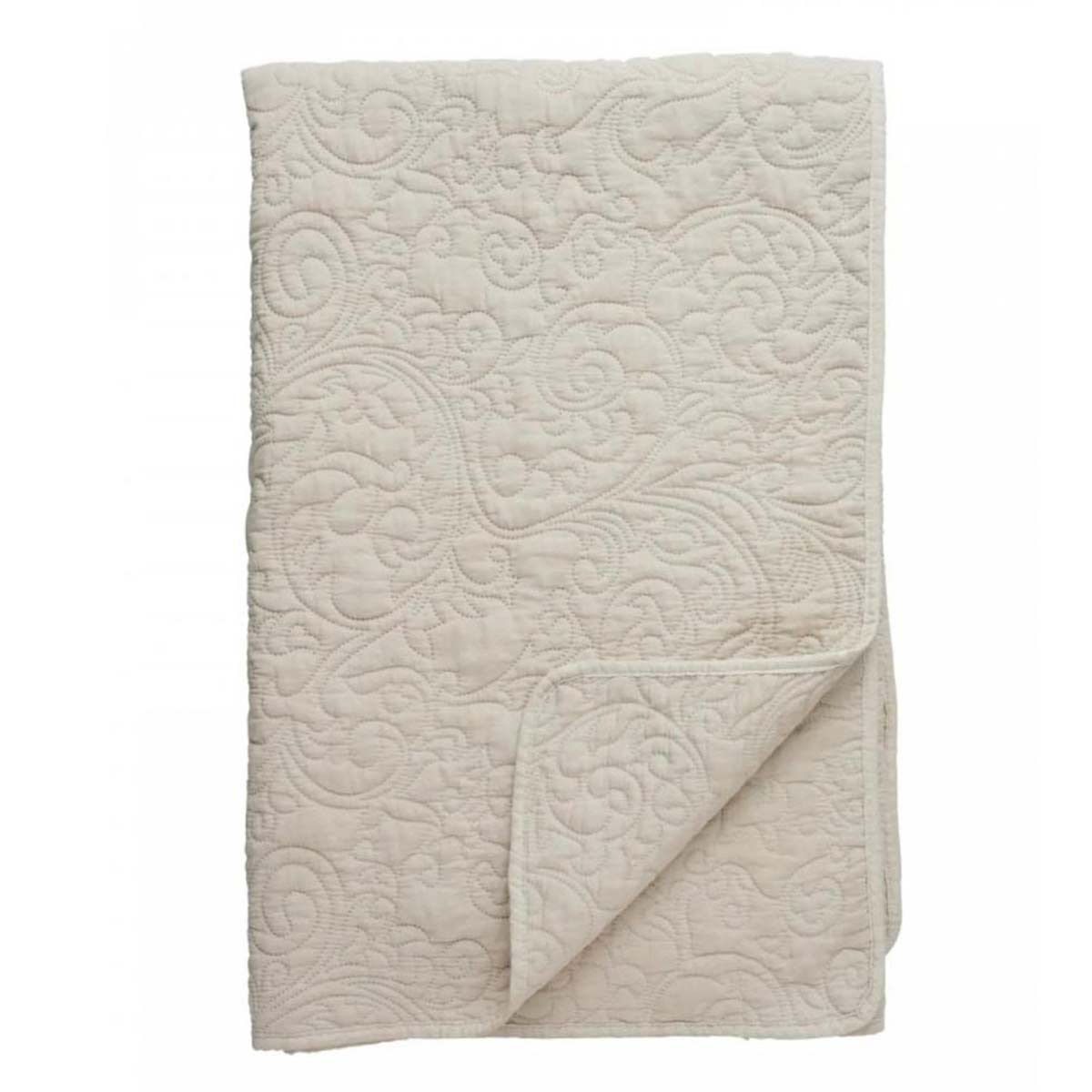 Linen-coloured quilted throw with intricate stitching, crafted from soft polyester for a cosy and elegant home accent.