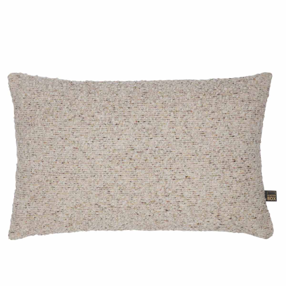 Isadora Cushion – cream boucle with green flecks, 40x60cm with feather inner and knife-edge seam