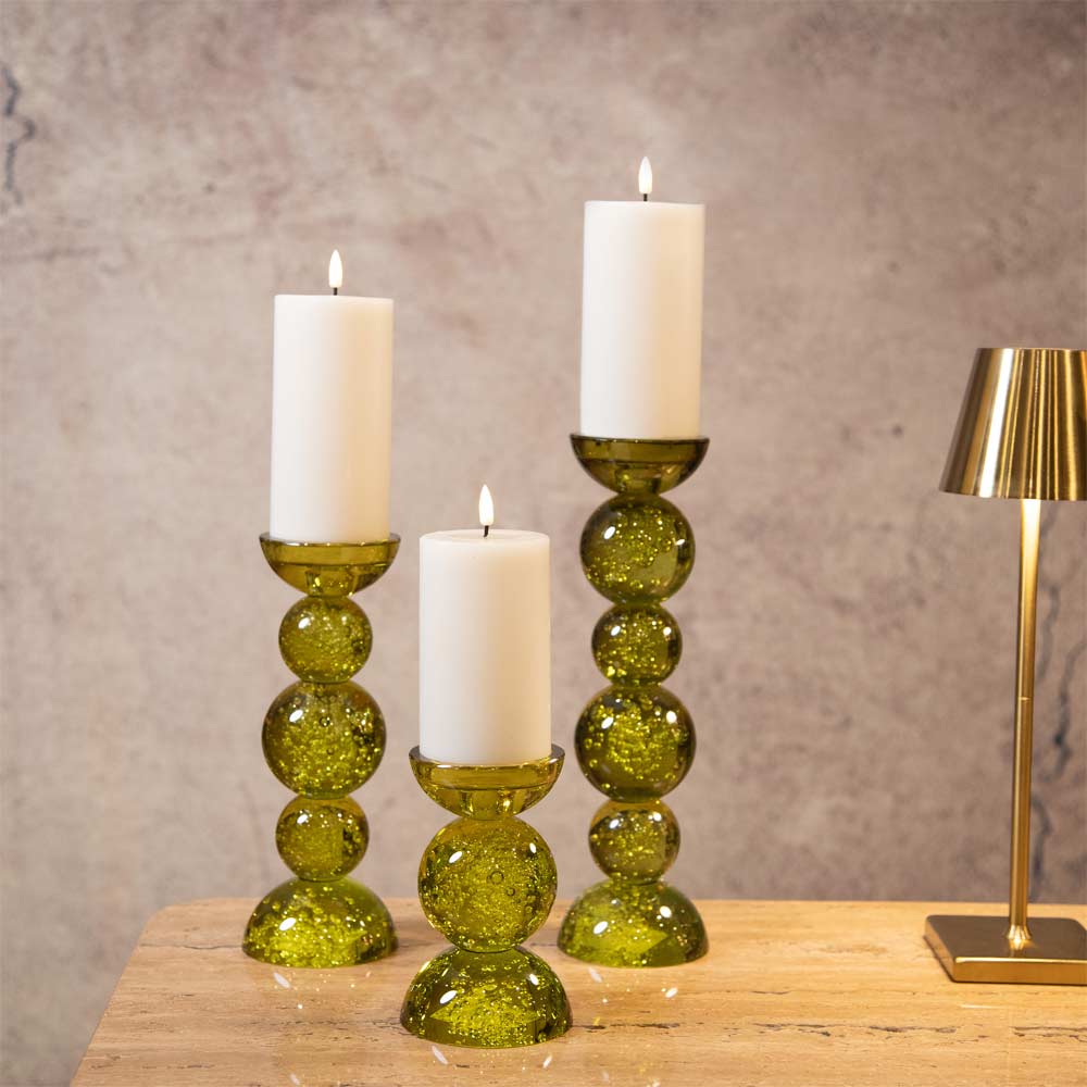 Itinga Glass Bubble Candle Holder - Olive Green
