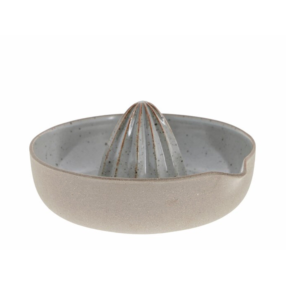 Joselia ceramic citrus press with a speckled Brown / Grey design on a white background