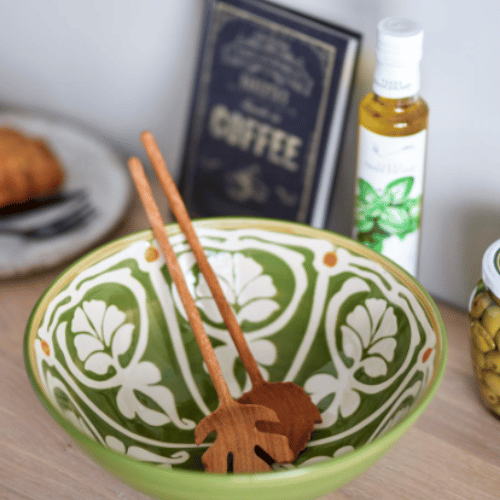 Kara Natural Wood Salad Servers in Bowl