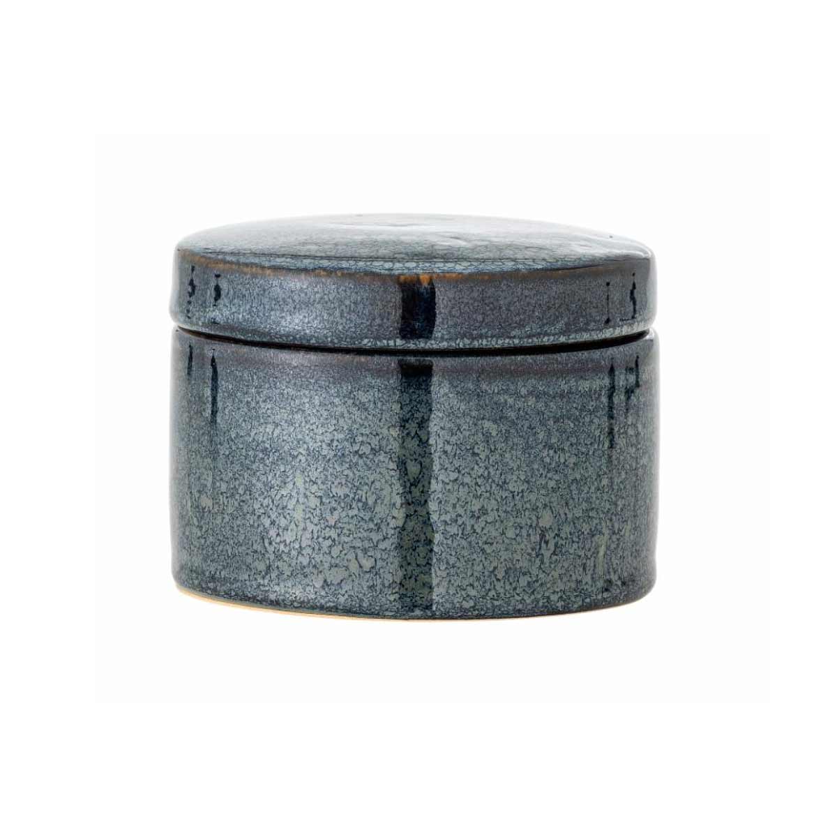 Khai Jar, a deep blue stoneware storage jar with a glazed finish and lid, perfect for small item storage in the kitchen, bathroom, or living room.