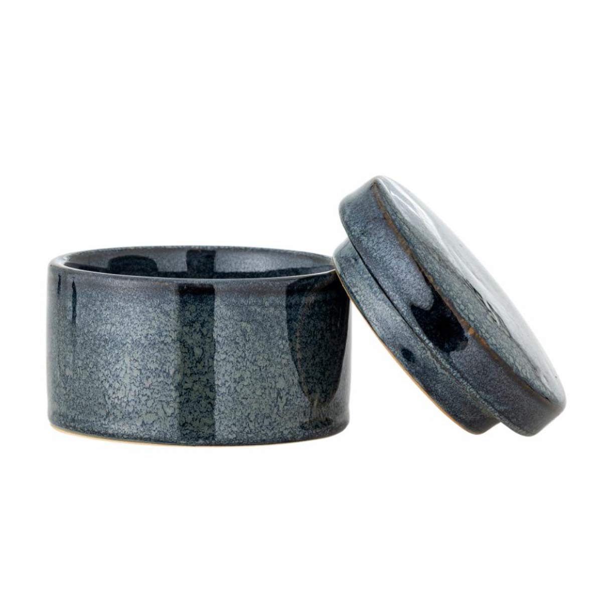 Khai Jar, a deep blue stoneware storage jar with a glazed finish and lid, perfect for small item storage in the kitchen, bathroom, or living room - Lid off.