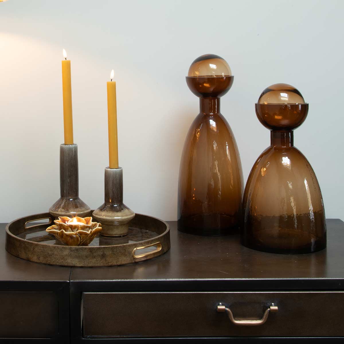 Large Amber Glass Decorative Bottle with Globe Stopper