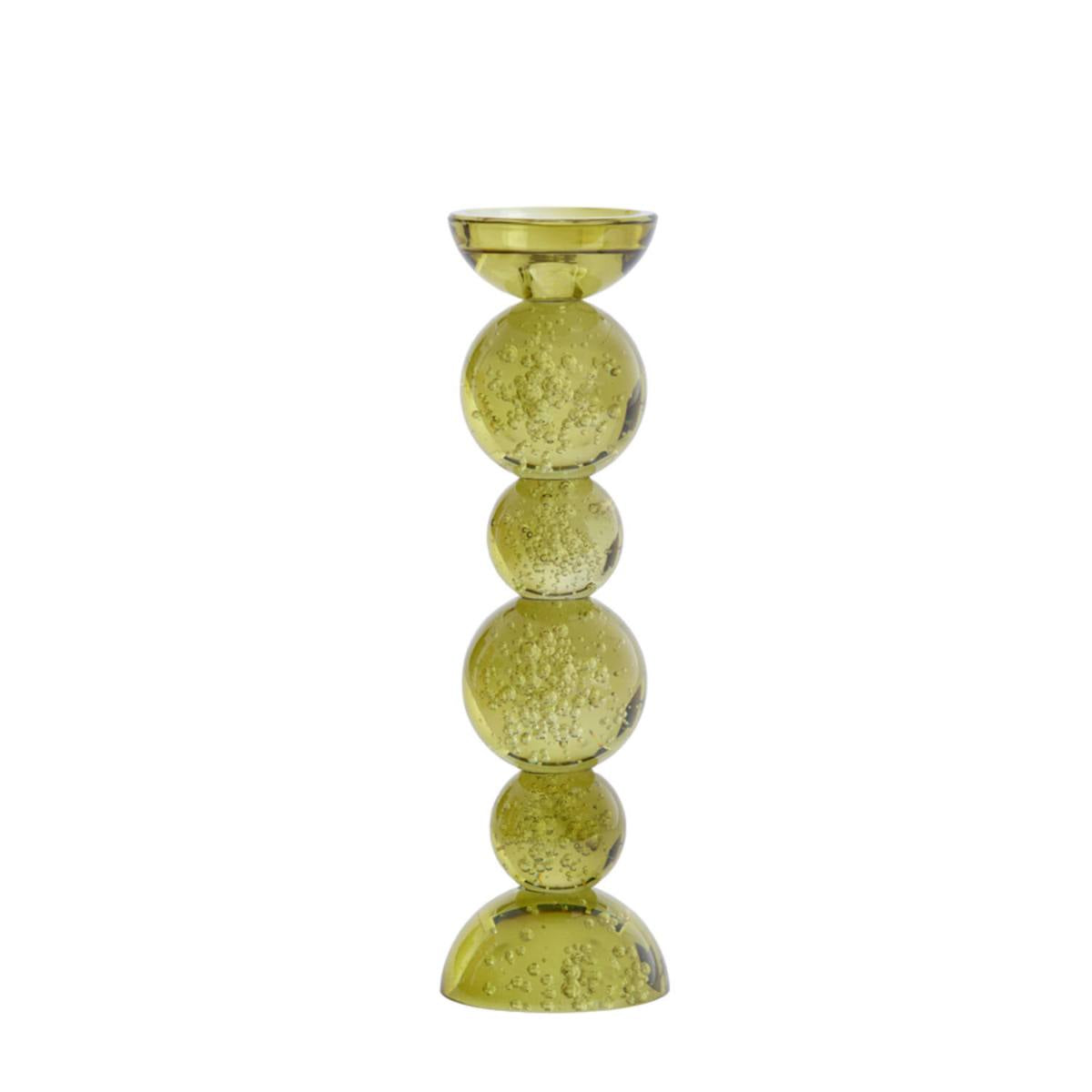 Large Itinga Olive Green Bubble Glass Candle Holder – Ø9.5 x H34 cm on a white background - tiny air bubbles suspended within the glass