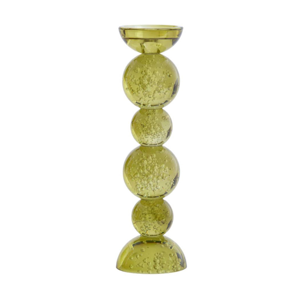 Large Itinga Olive Green Bubble Glass Candle Holder – Ø9.5 x H34 cm on a white background - tiny air bubbles suspended within the glass