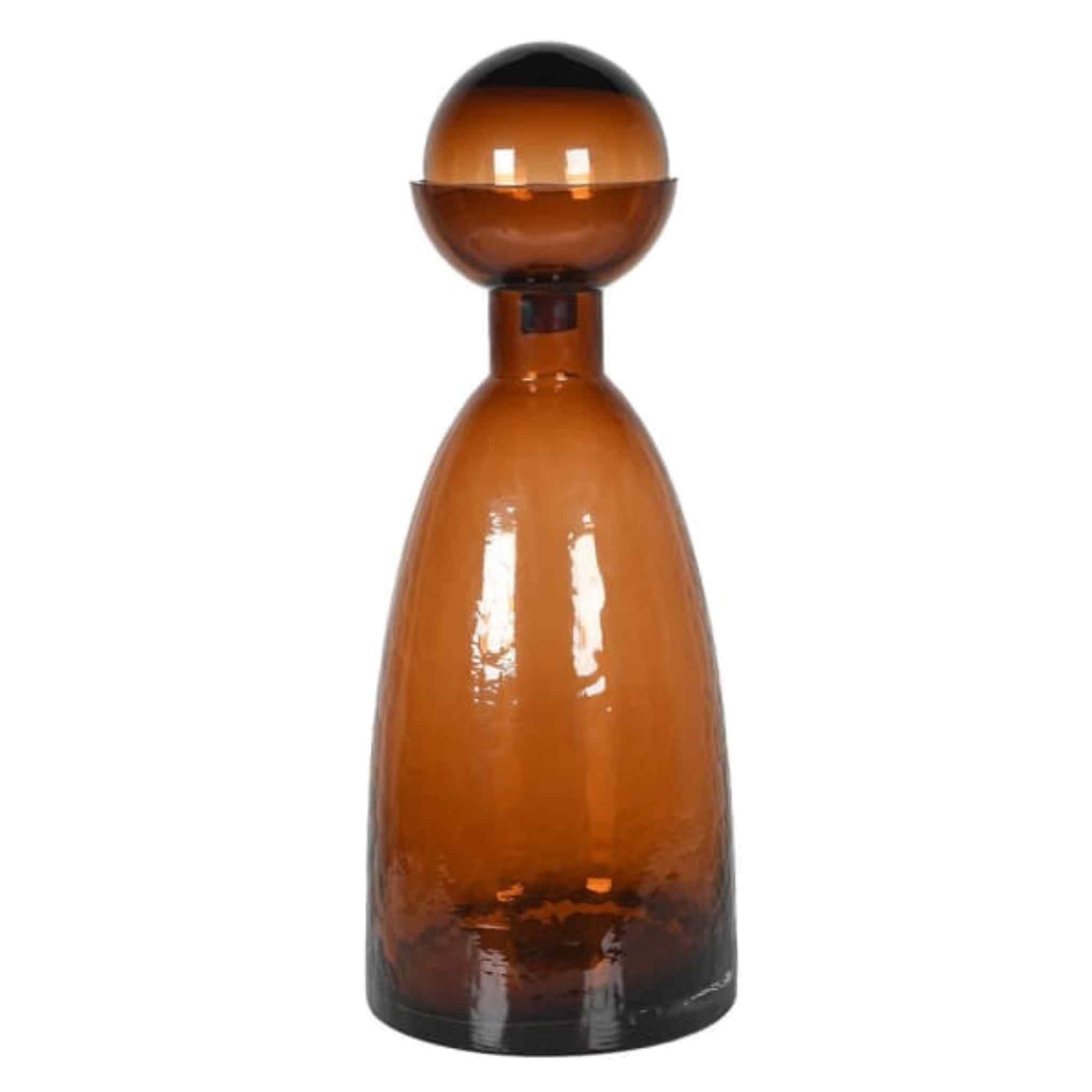 Large Amber Glass Decorative Bottle with Globe Stopper