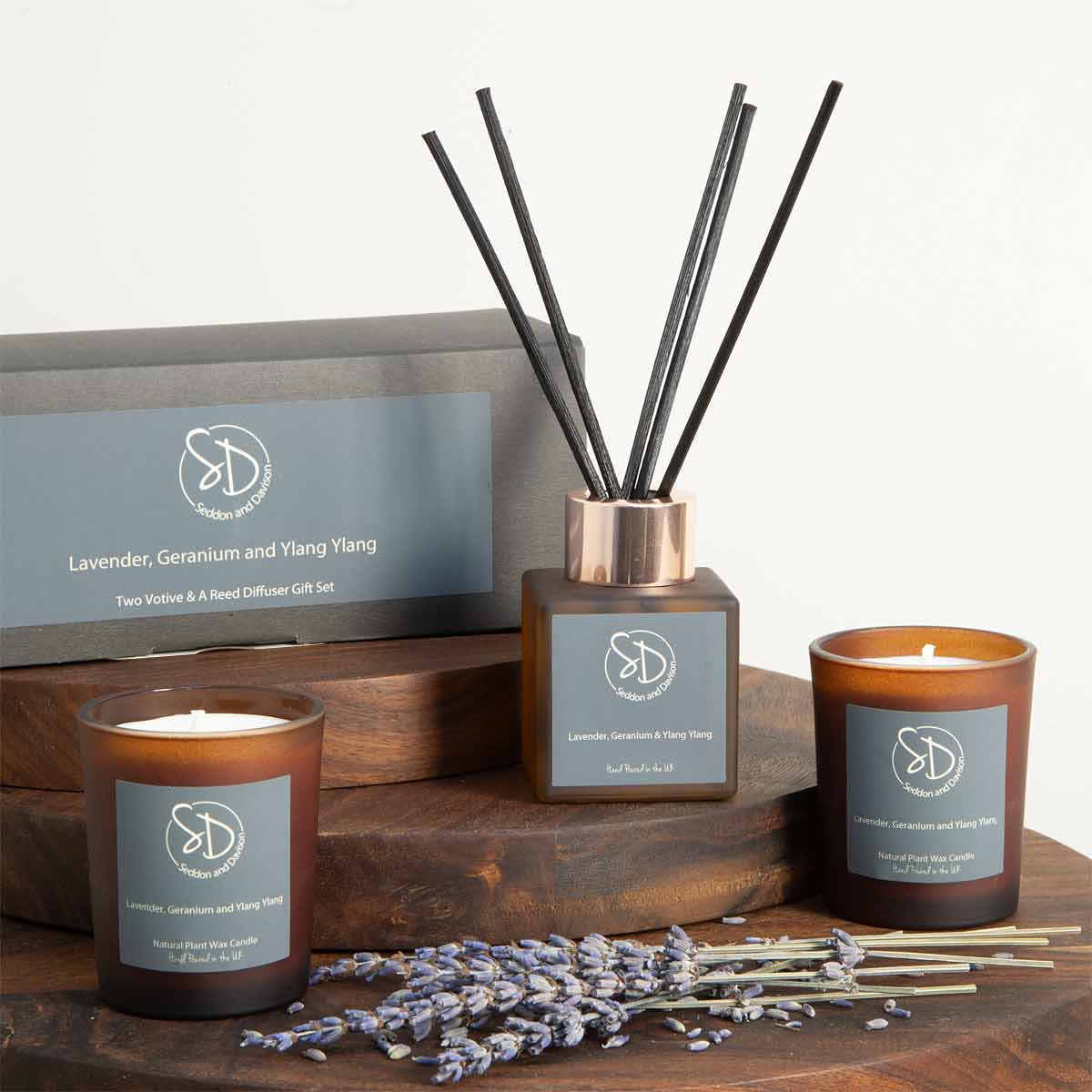 Lavender, Geranium and Ylang Ylang Home Fragrance Gift Set – diffuser and candles with essential oils in amber glass