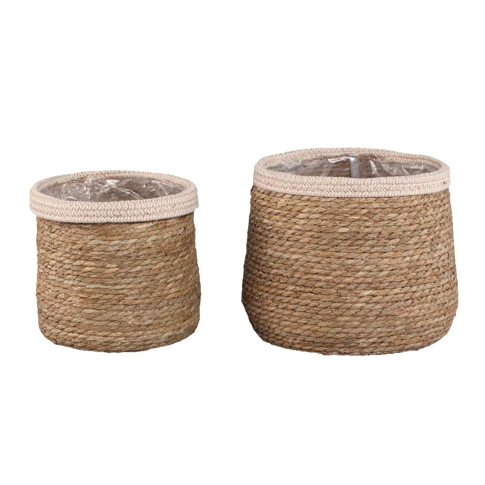 Leavy White Border Round Rattan Basket