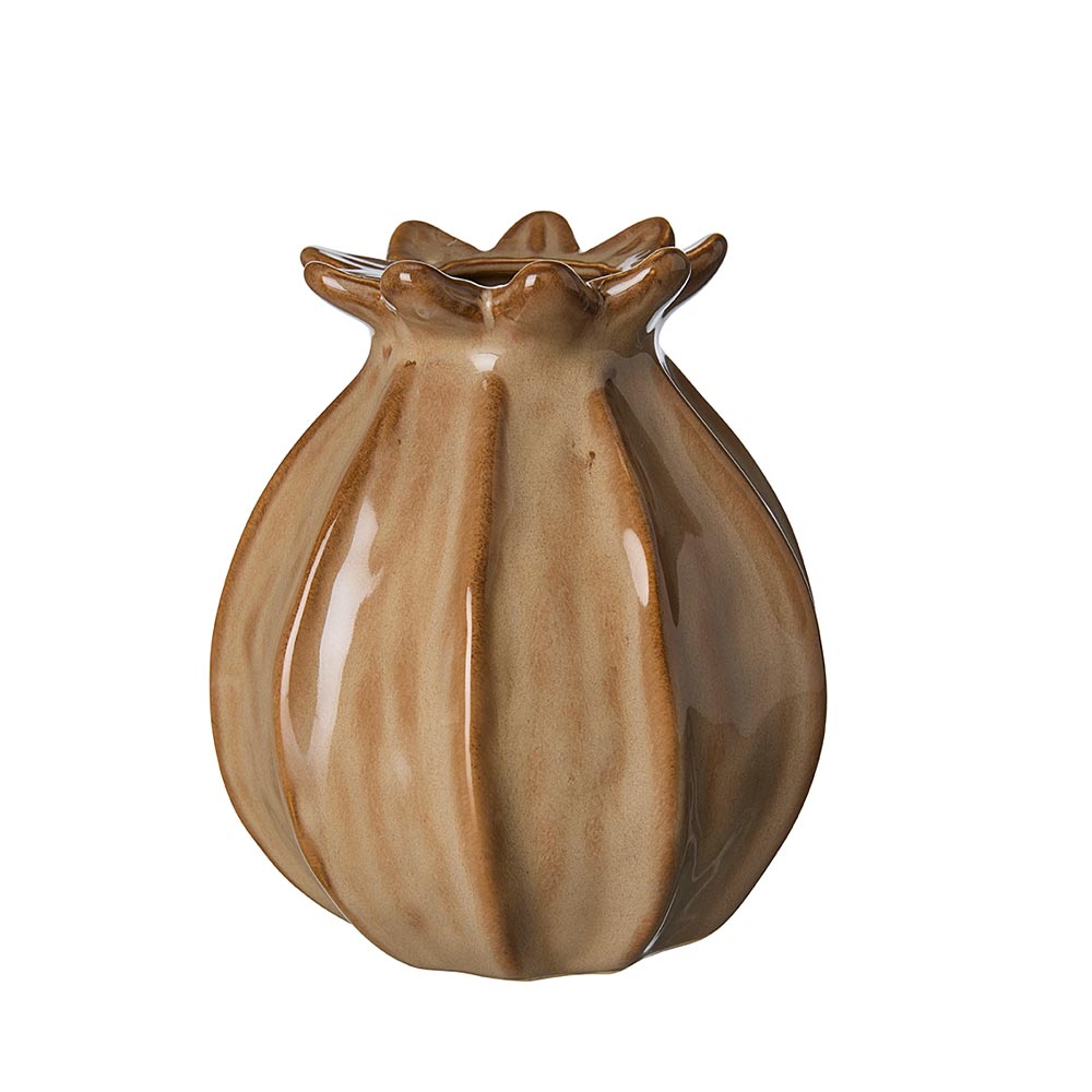 A glossy ceramic vase shaped like a seed head, featuring a warm brown and taupe glazed finish, set against a plain white background.