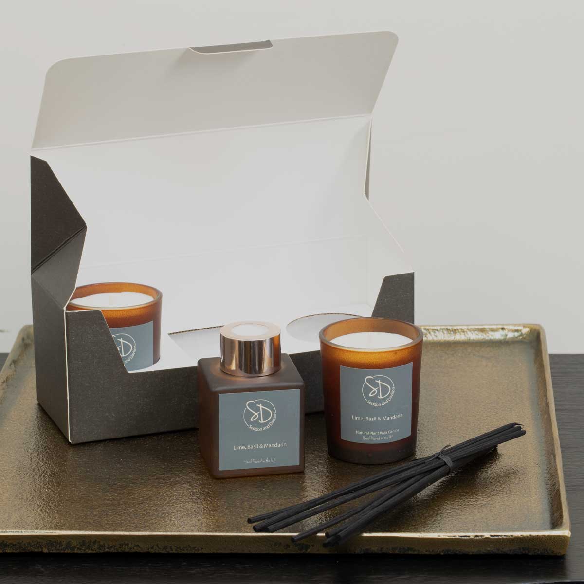 Lime Basil and Mandarin Home Fragrance Gift Set – diffuser and votive candles in amber glass with black reeds - Displayed in box