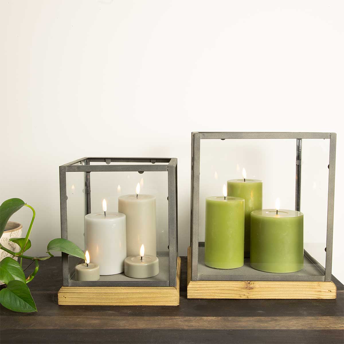 Lionel Square Hurricane Candle Holders – modern rustic wood and glass with LED  candles