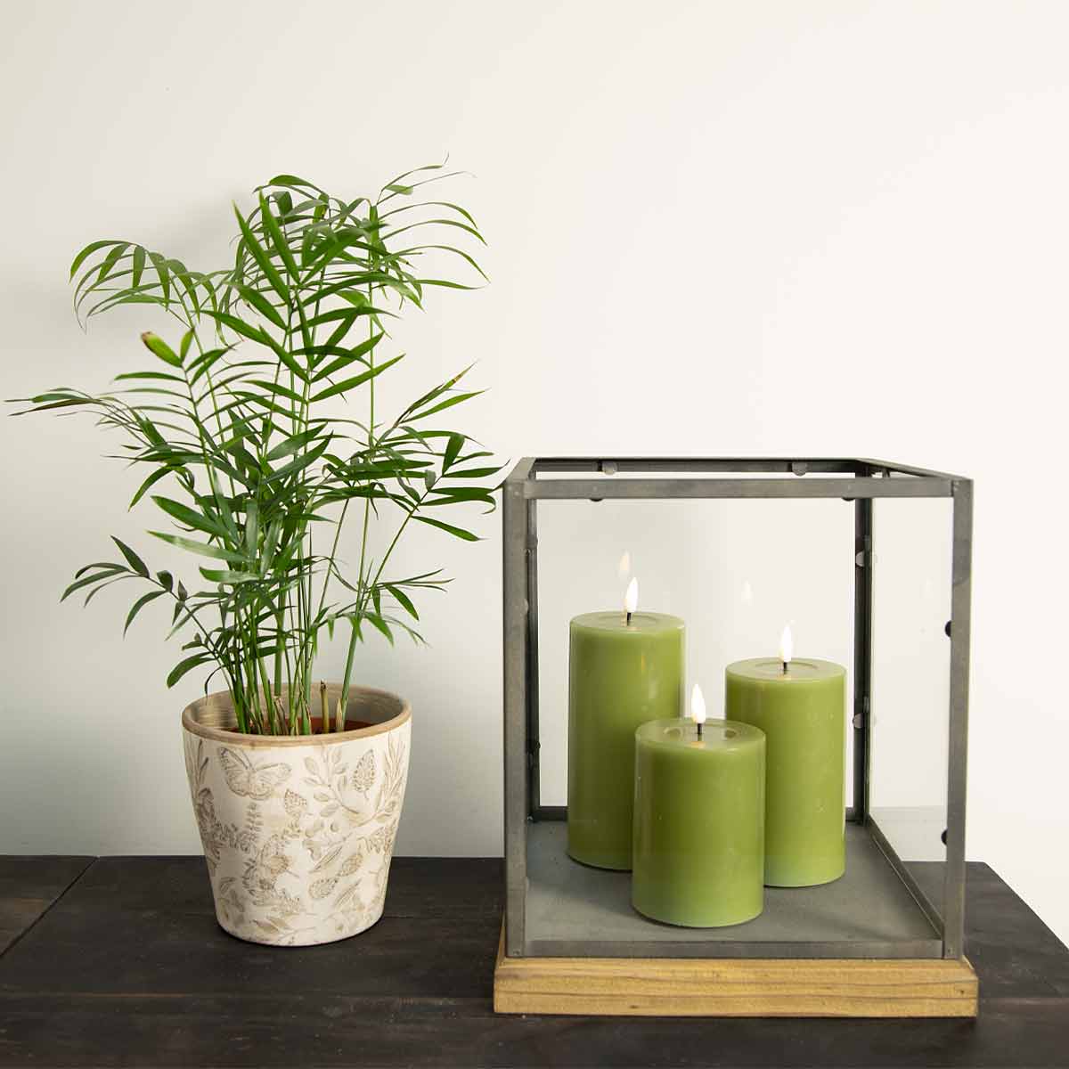 Large Lionel Square Hurricane Candle Holder – modern rustic wood and glass with candles