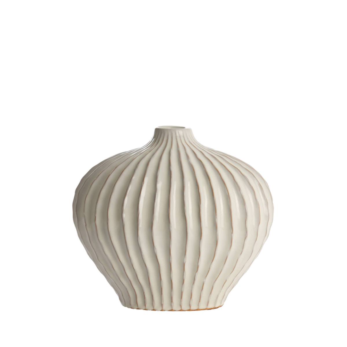 Small Lorito Cream Ridged Vase - Ceramic round shaped vase with narrow next on white background