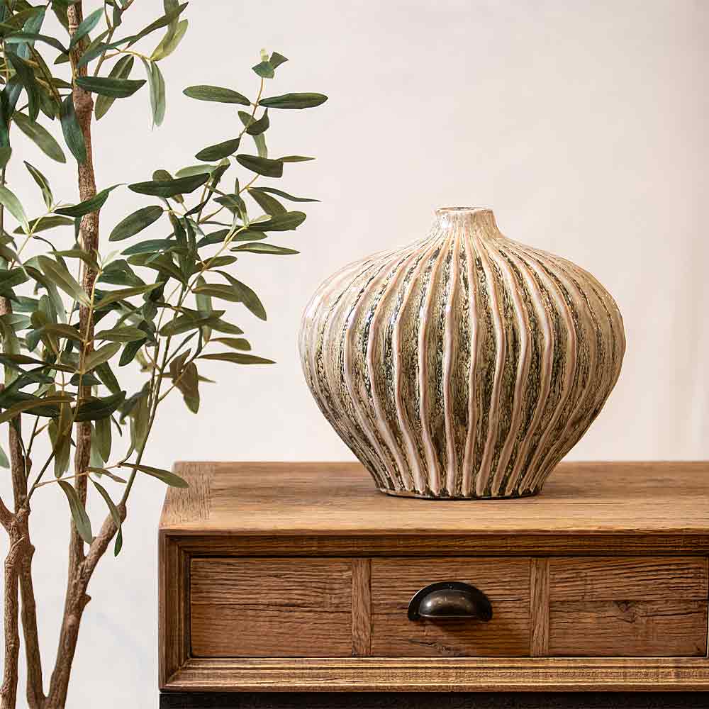 Lorito Ridged Olive Green Ceramic Vase