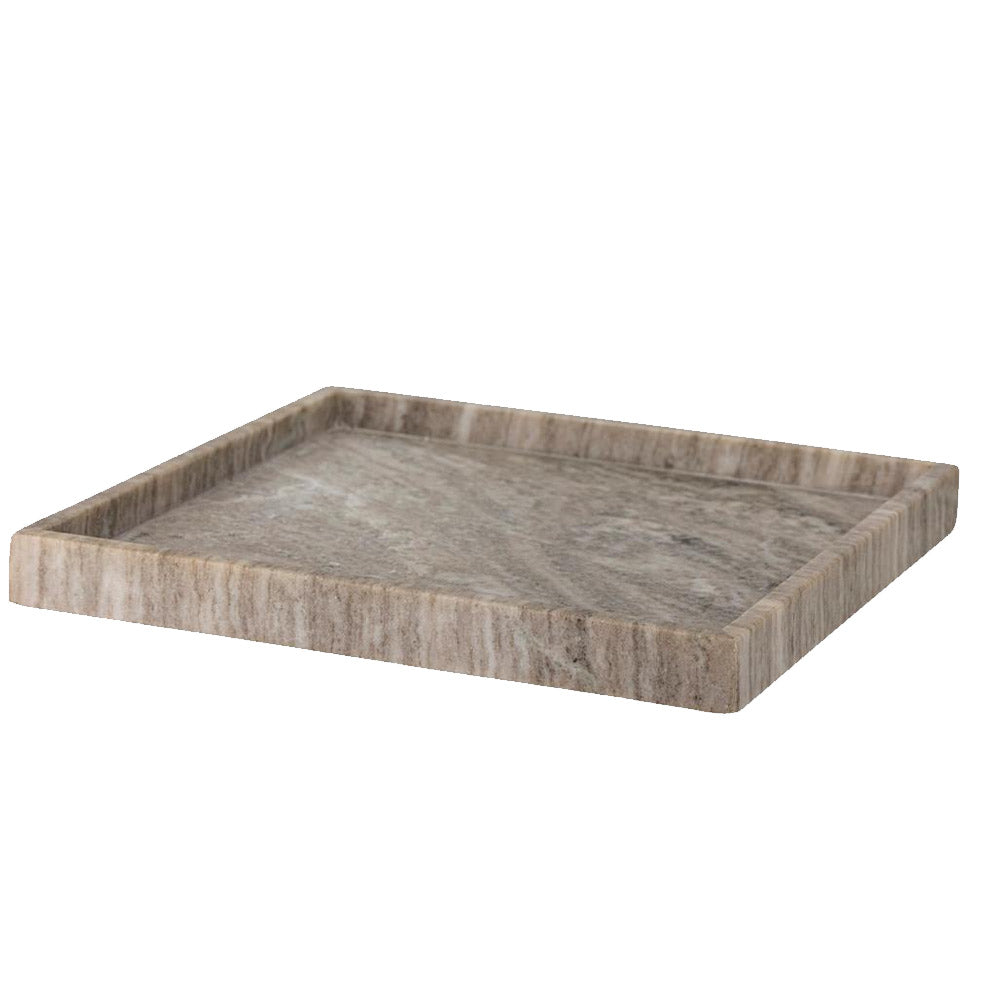 A square stone tray with a textured, natural marble-like surface in shades of gray and beige, shown on a plain white background.