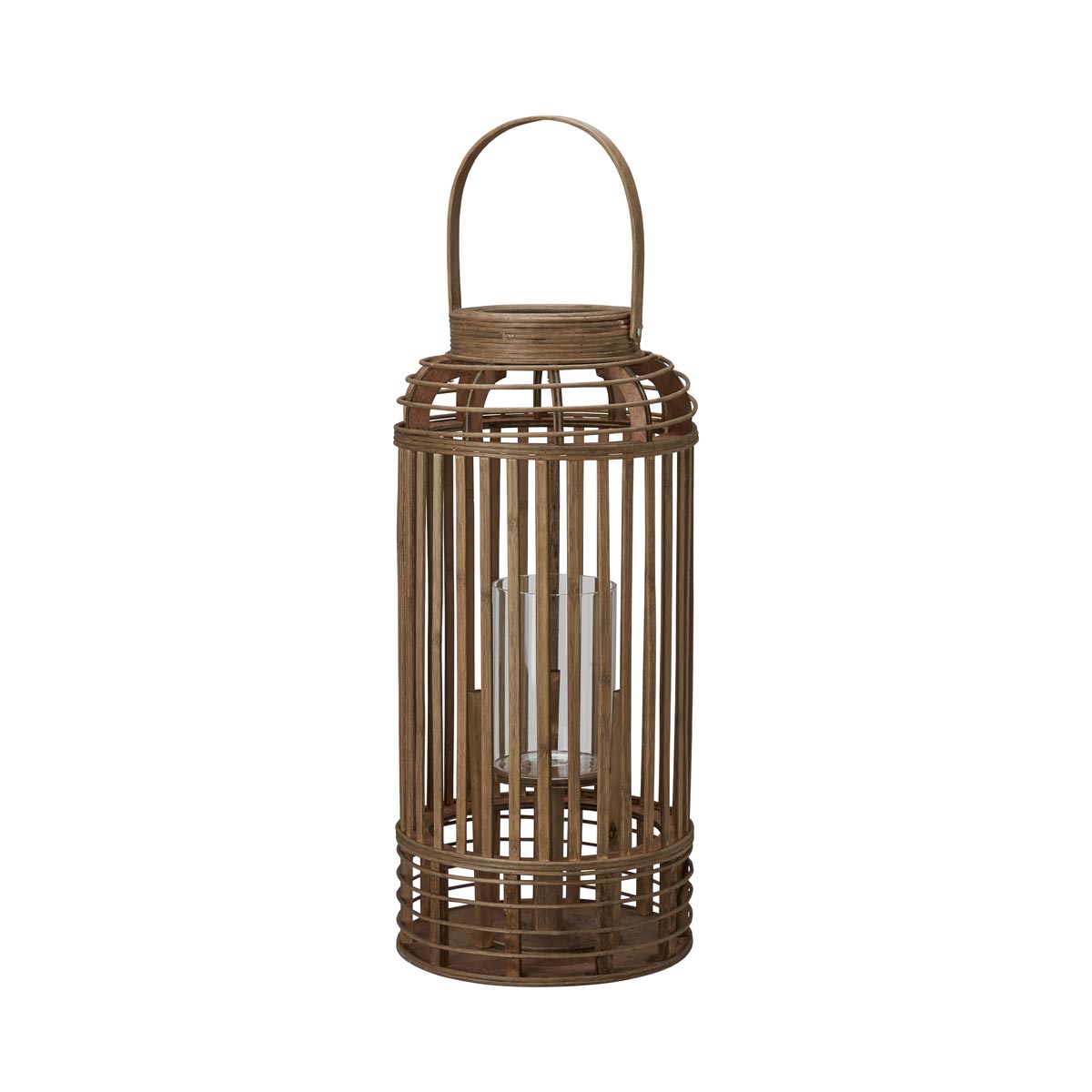 Large Marion Bamboo Lantern in natural bamboo, 24x51+14cm, with an airy woven structure and a glass insert for safe candle use.
