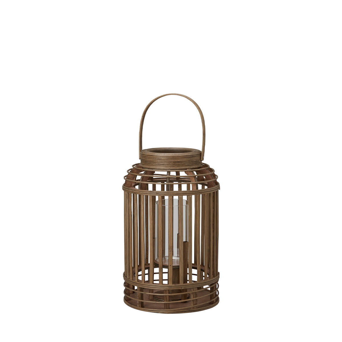 Small Marion Bamboo Lantern with a natural woven design, 24x38+14cm, featuring a glass candle holder for tealights or small pillar candles.