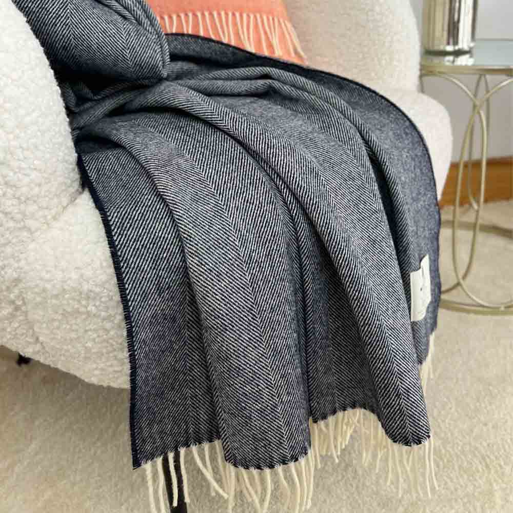 Merino Lambswool Throw - Navy Herringbone - McNutt of Donegal