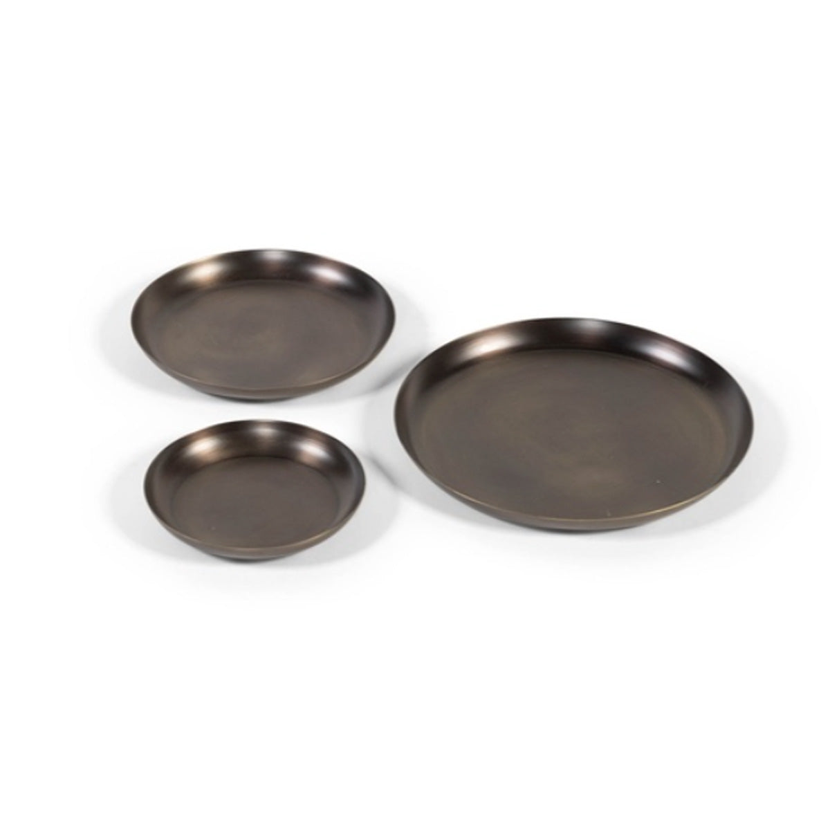 Three round blacked brass metal candle plates in varying sizes for pillar or LED candles