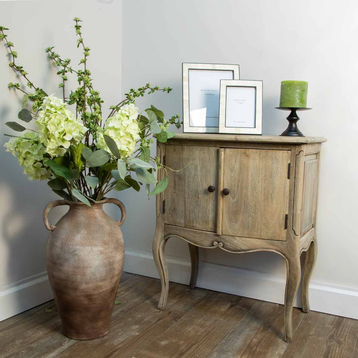 Mottle Effect Ceramic Vase styled with dried hydrangeas and greenery in a hallway setting