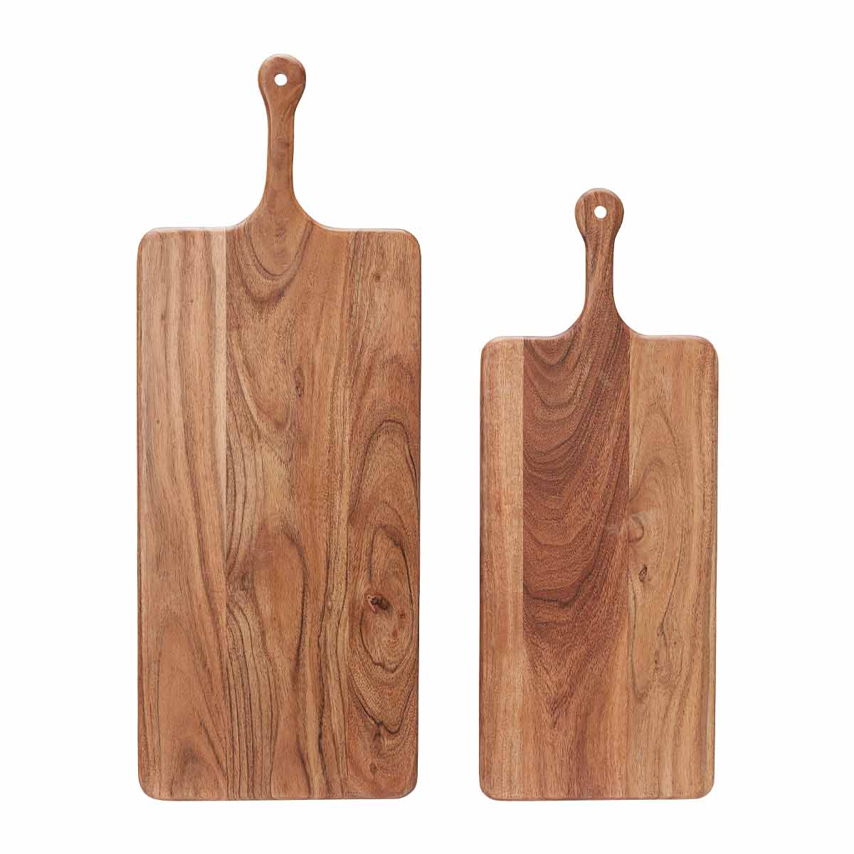 Two Neha rectangular wooden chopping boards with handles – medium and small