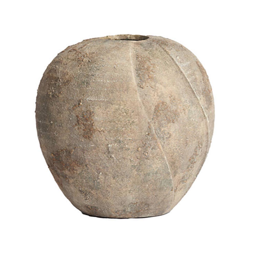 A rustic, textured ceramic vase with a rounded, bulbous shape and a small opening at the top, shown against a plain white background.