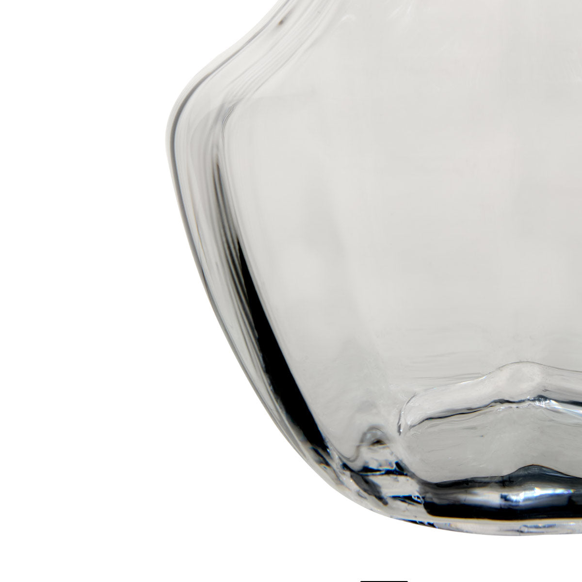Nomi Clear Glass Decanter – mouth-blown tall glass carafe - Close up of rounded base.