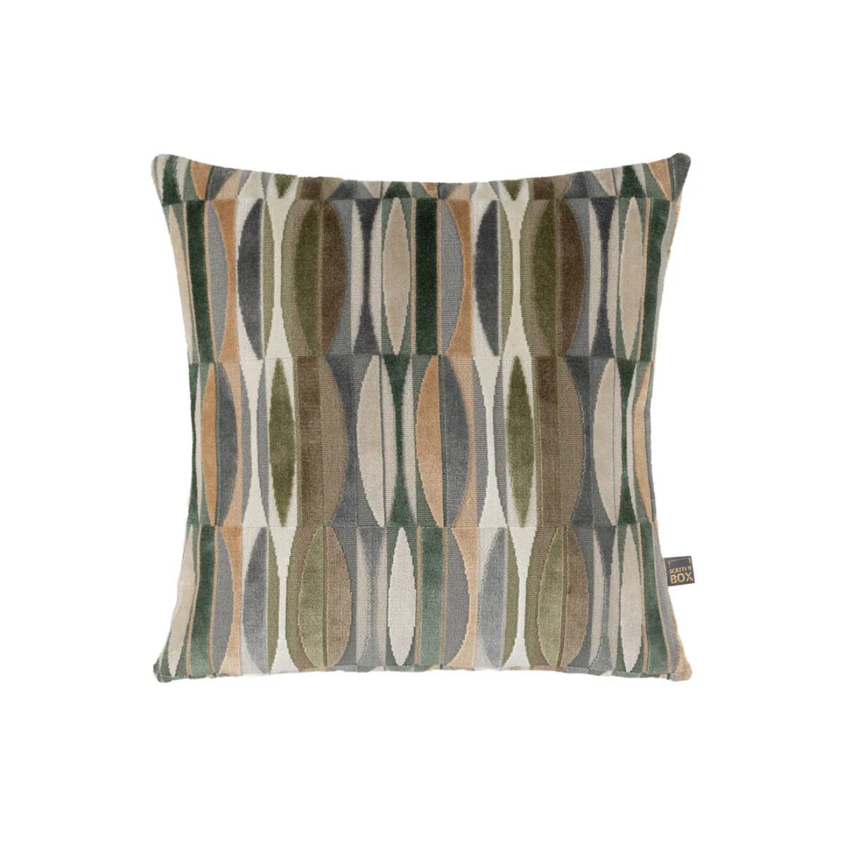 Odessa Square Cushion – square shape with soft green and taupe geometric patter on white background