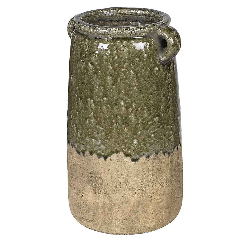 A rustic terracotta vase with a two-tone glaze, featuring a textured olive green upper half and a matte beige-brown lower half, on a white background
