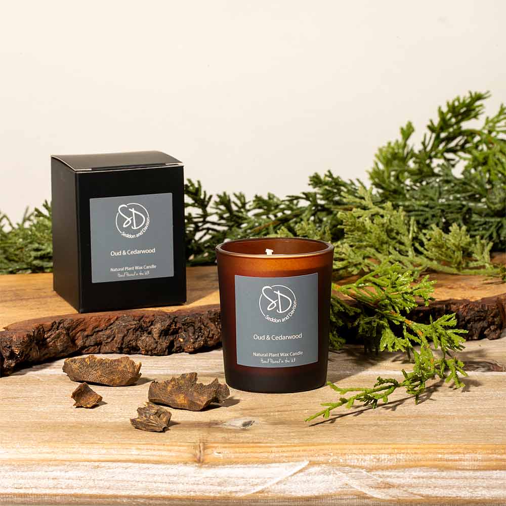 Oud and Cedarwood 9cl Votive Candle - Frosted Amber Glass Jar