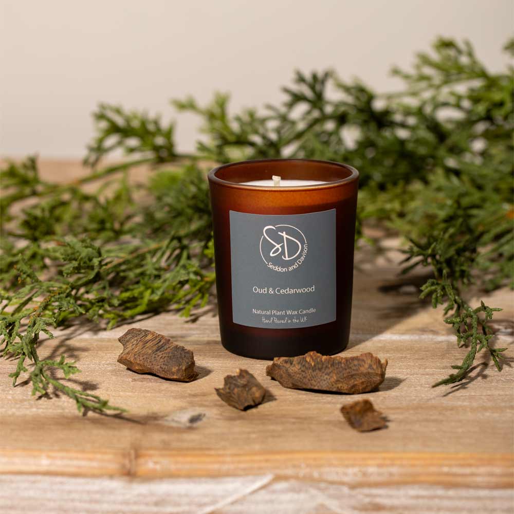 Oud and Cedarwood 9cl Votive Candle - Frosted Amber Glass Jar