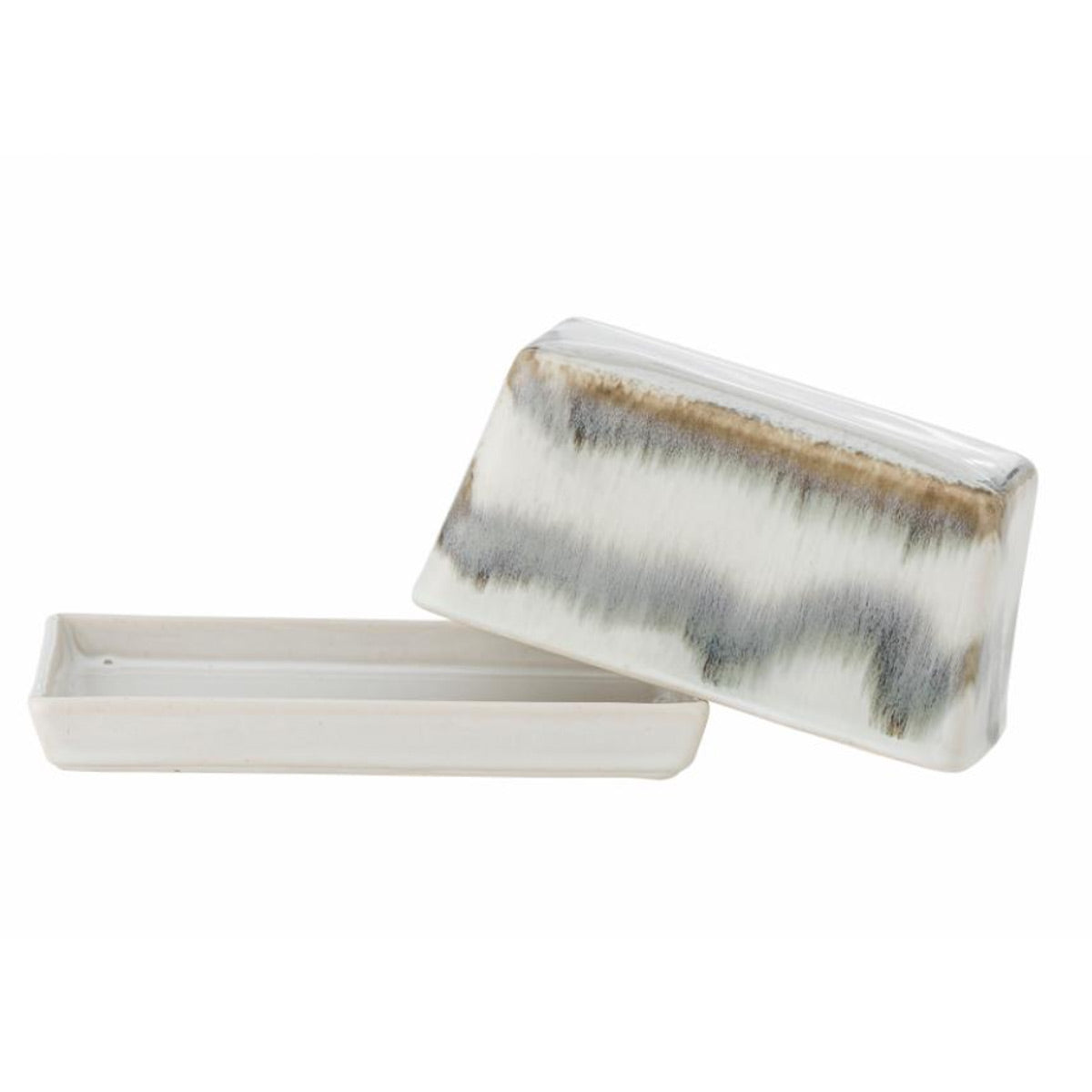 Paula Stoneware Butter Dish with a reactive glaze in grey and white- Lid off.