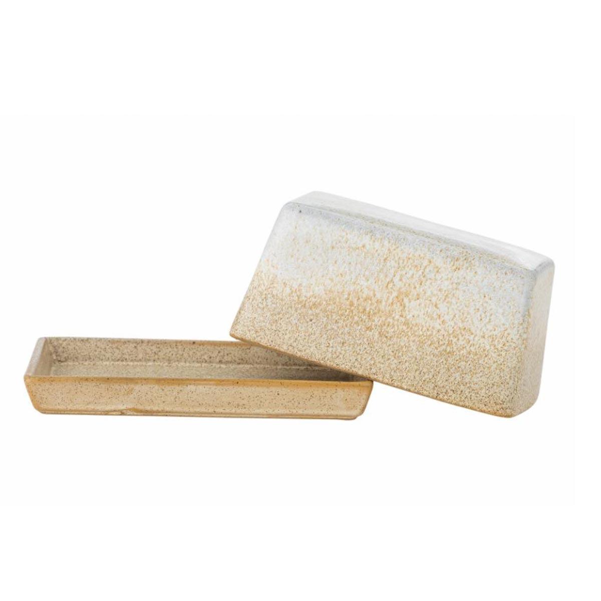 Paula Stoneware Butter Dish in natural golden hues - lid ajar.