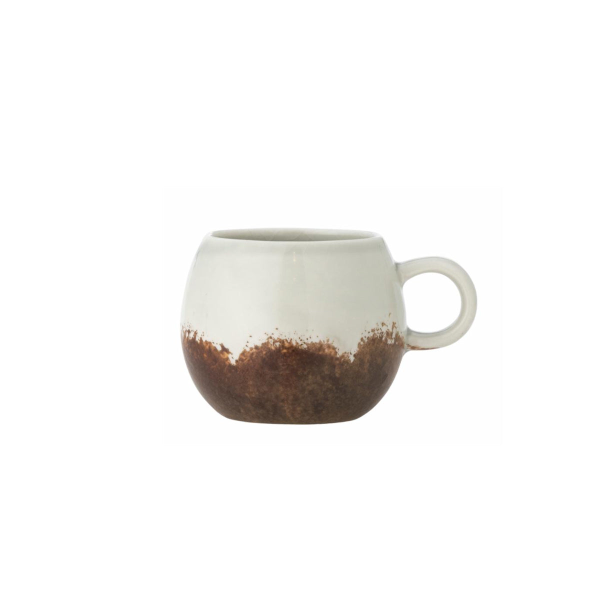 Paula Stoneware Espresso Cup in brown and blue-green reactive glaze, featuring a rounded shape and a circular handle.
