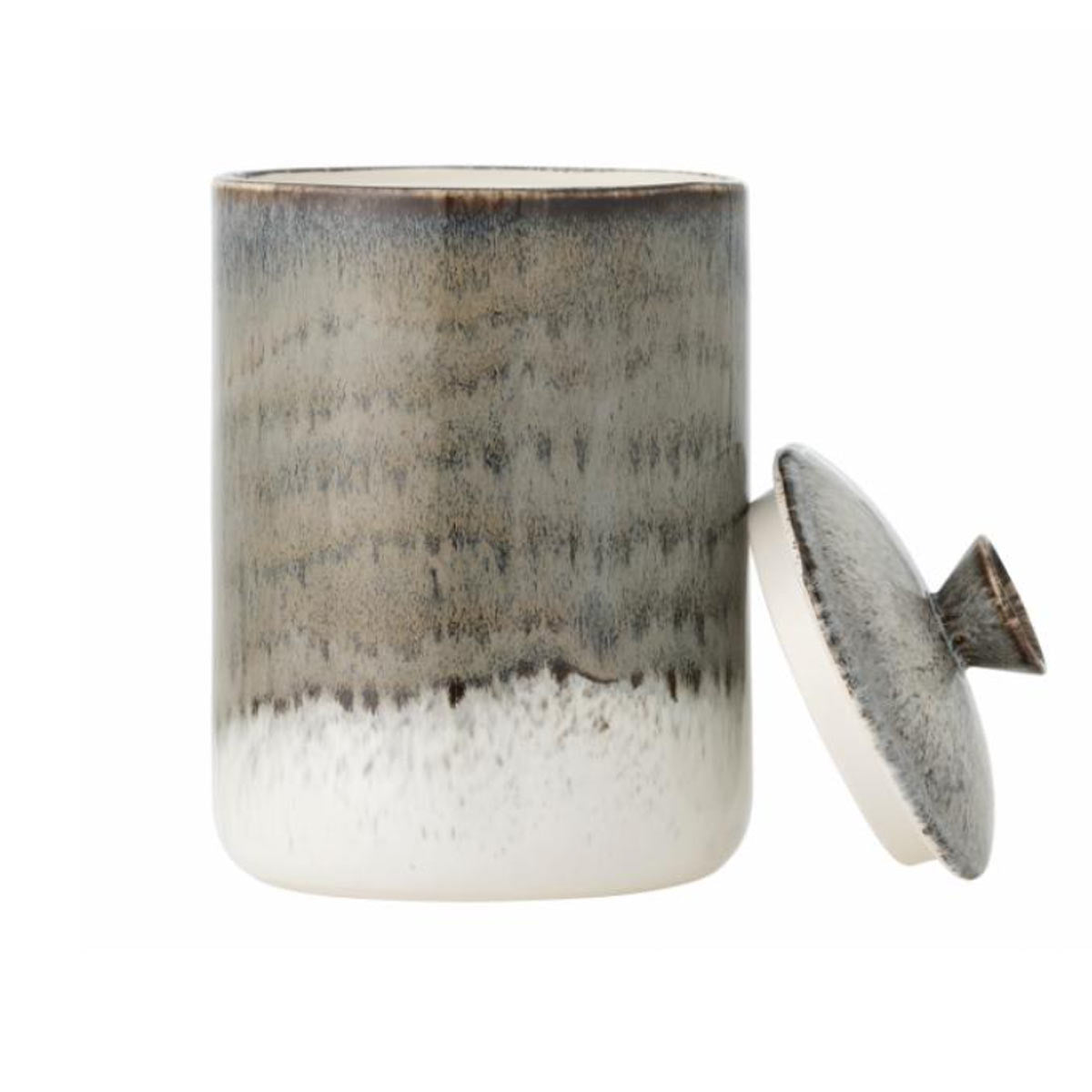 Paula Stoneware Jar in grey with a reactive glaze, featuring a lid with a silicone seal - shown open.