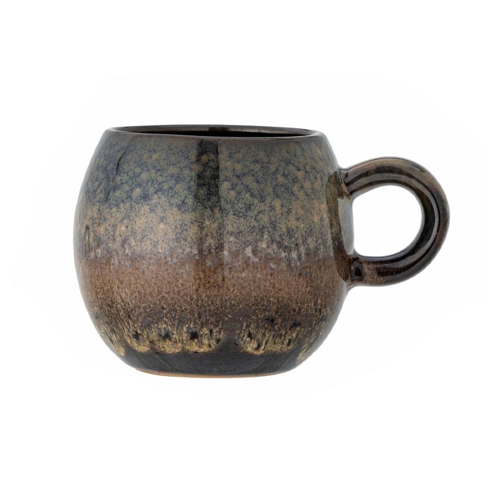 A small ceramic mug with a rounded body and a loop handle, featuring a dark brown and black glaze with subtle gold and beige speckling near the base, shown on a plain white background.
