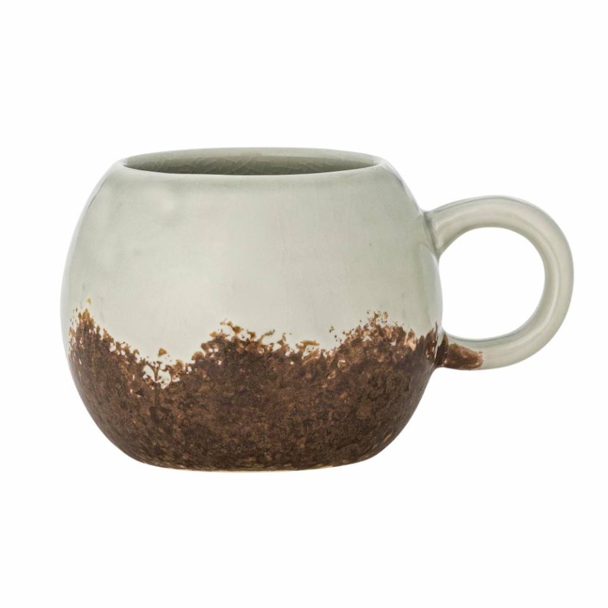 Paula stoneware mug with light blue and brown reactive glaze on white background
