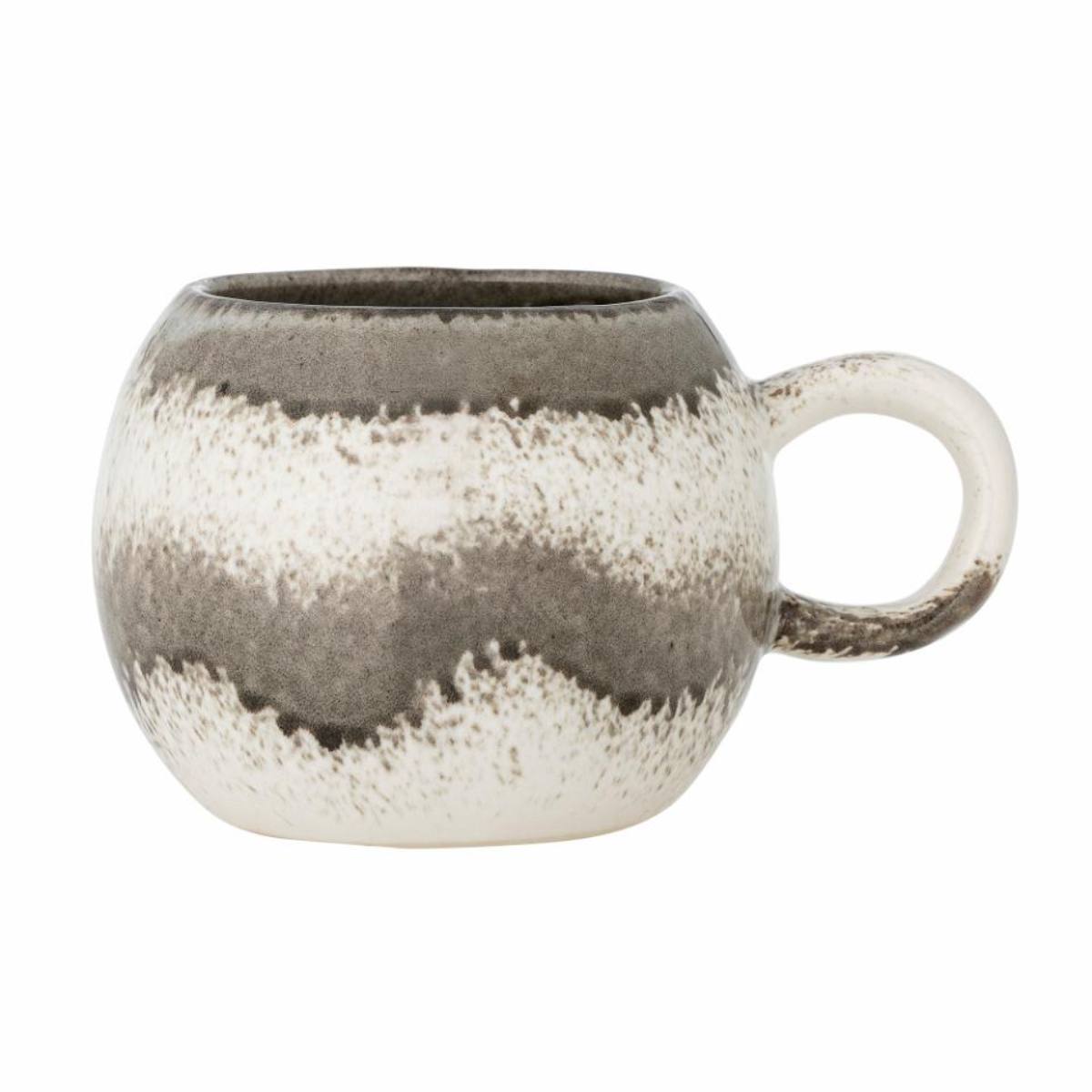 Paula stoneware mug with reactive glaze in grey and white on white background
