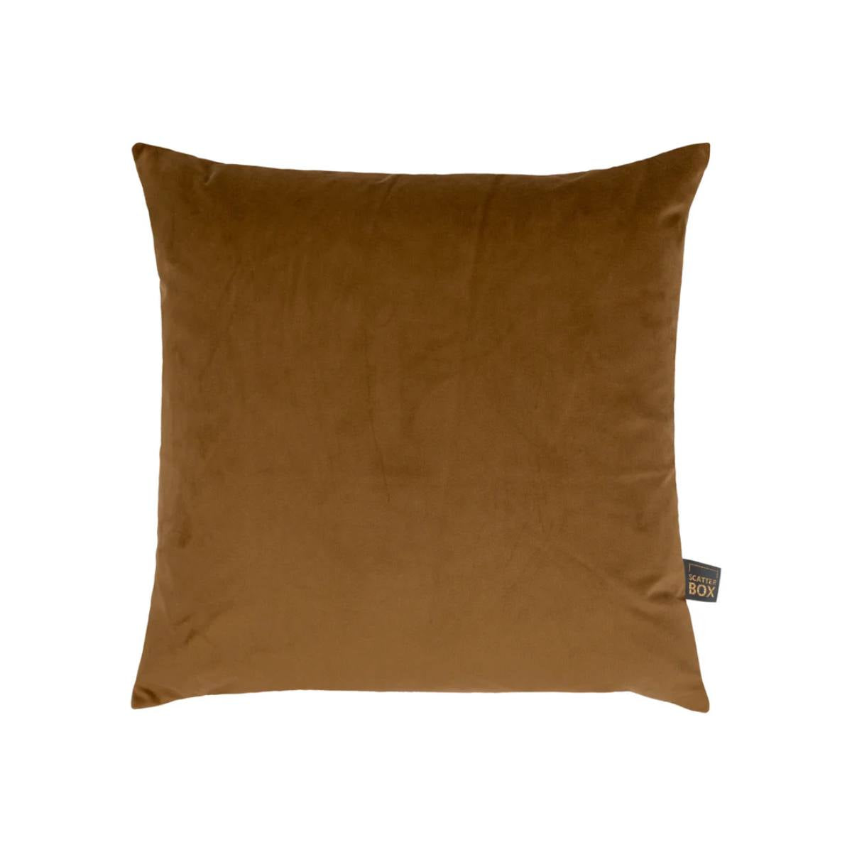 Payton Gold Velvet Cushion – russet gold velvet fabric, 43cm square on white background