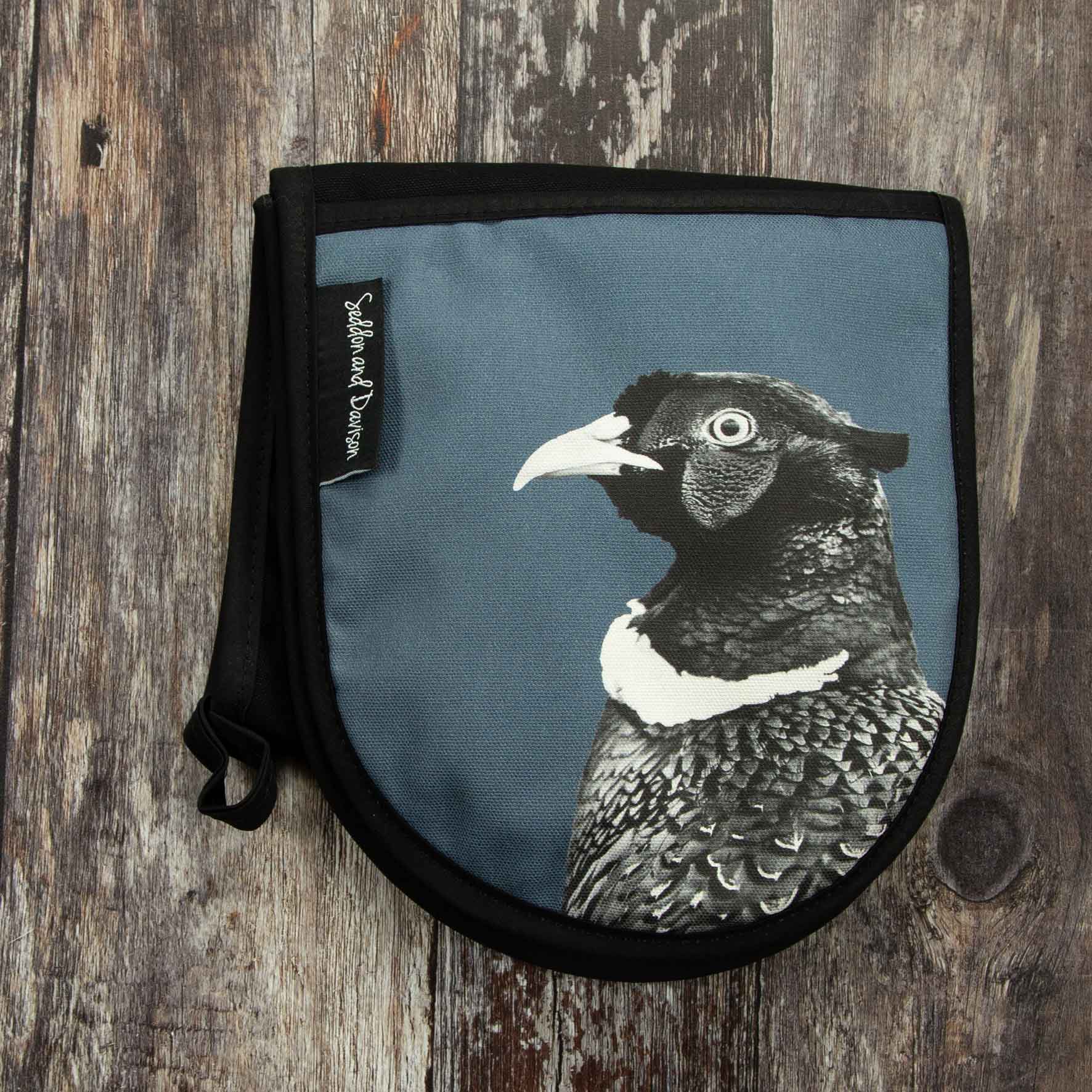 Pheasant Oven Gloves - Black and White - Steel Blue