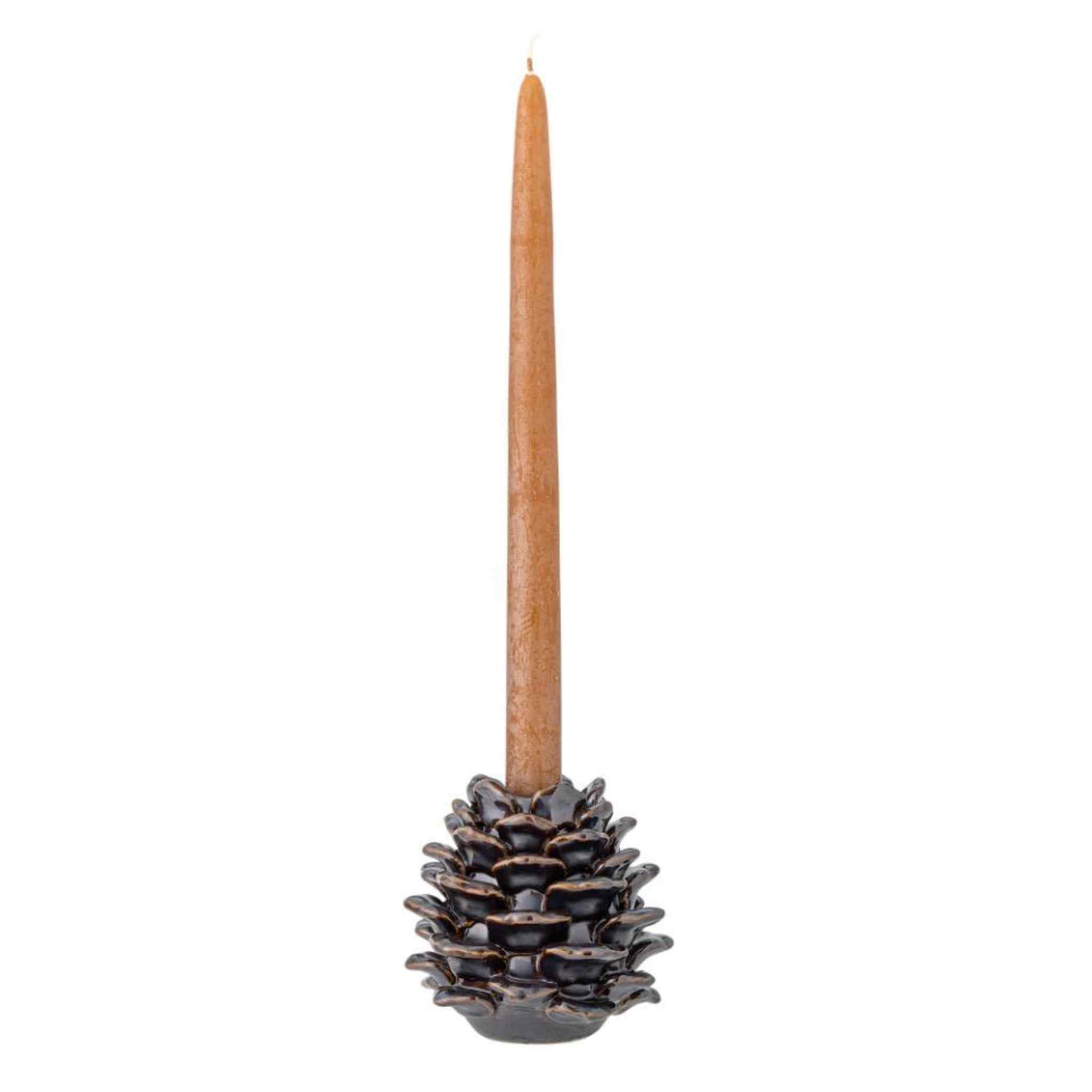 Large Pine Cone Candle Holder - Brown Stoneware - with Candle