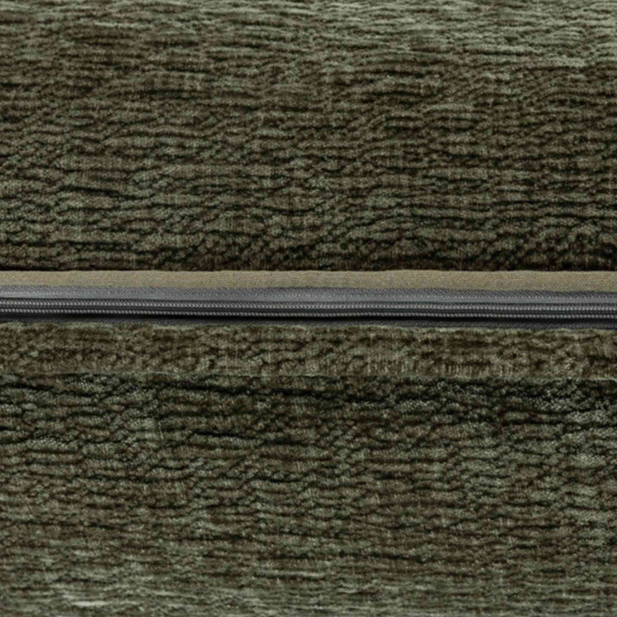 Close up of zip on Piper Square Green Cushion with a velvet rippled texture material
