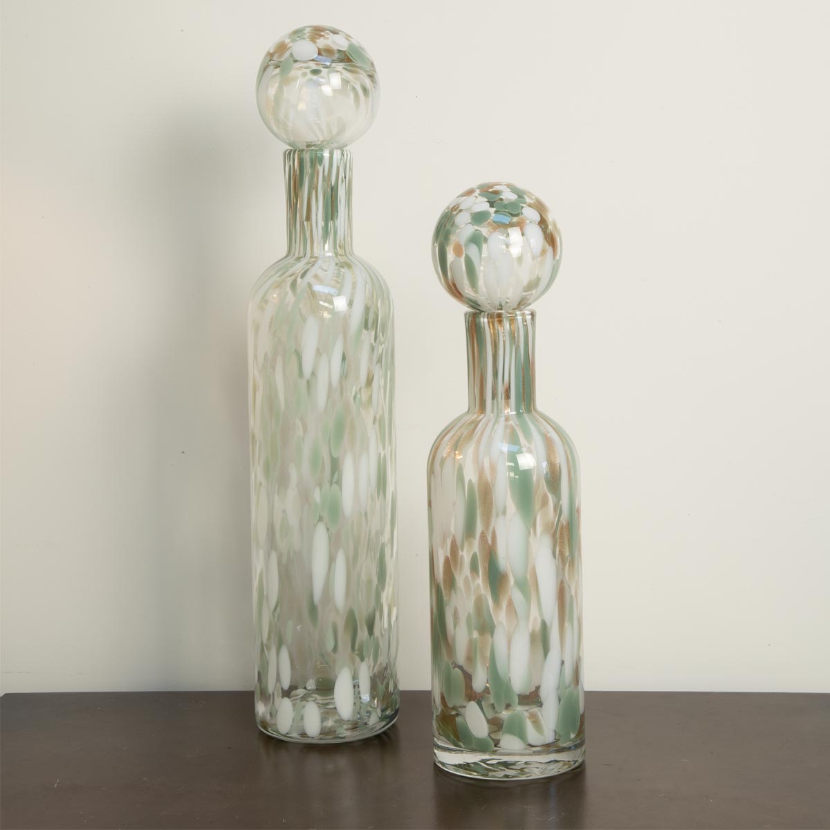 Decorative Glass Bottle with Pistachio, Gold & White Mottled Finish - Two sizes shown together