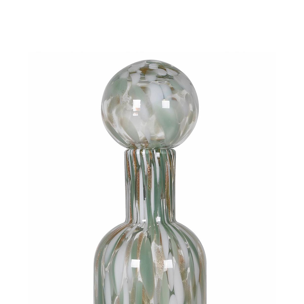 ecorative Glass Bottle with Pistachio, Gold & White Mottled Finish – Large - Close up of top