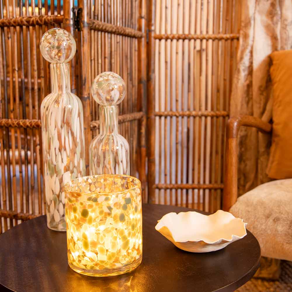 Decorative Glass Bottle with Pistachio, Gold & White Mottled Finish - Two Sizes Shown (Large and Small) - Displayed with lamp