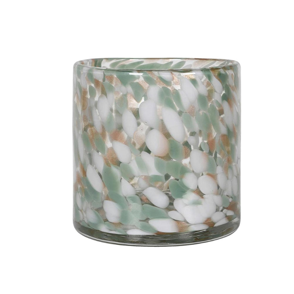 Pistachio Speckled Glass Hurricane with green, white and gold flecks on a white background