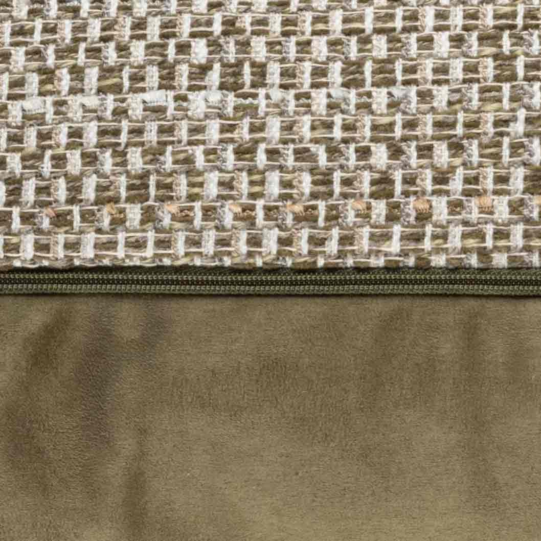 A detailed close-up of the woven fabric and zip closure of the Preston Green Cushion.