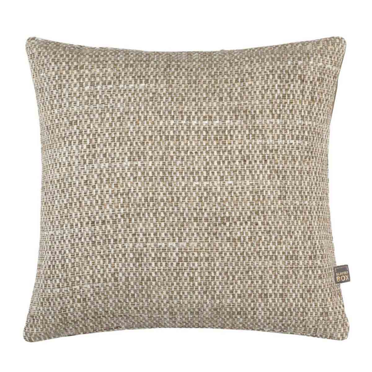 A 43cm square Preston Green Cushion with a woven texture in cream and green tones.