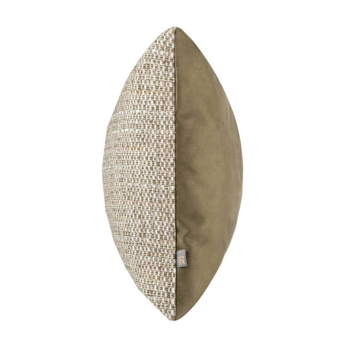 A side view of the Preston Green Cushion showing its plush feather-filled structure.